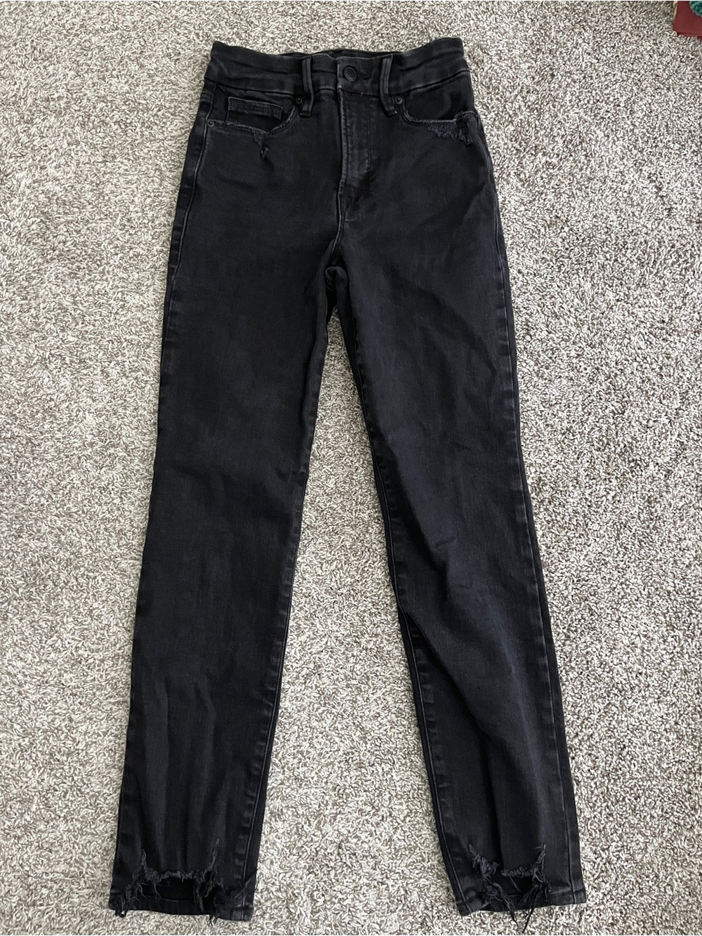 Good American Black High Waisted Straight Leg Jeans